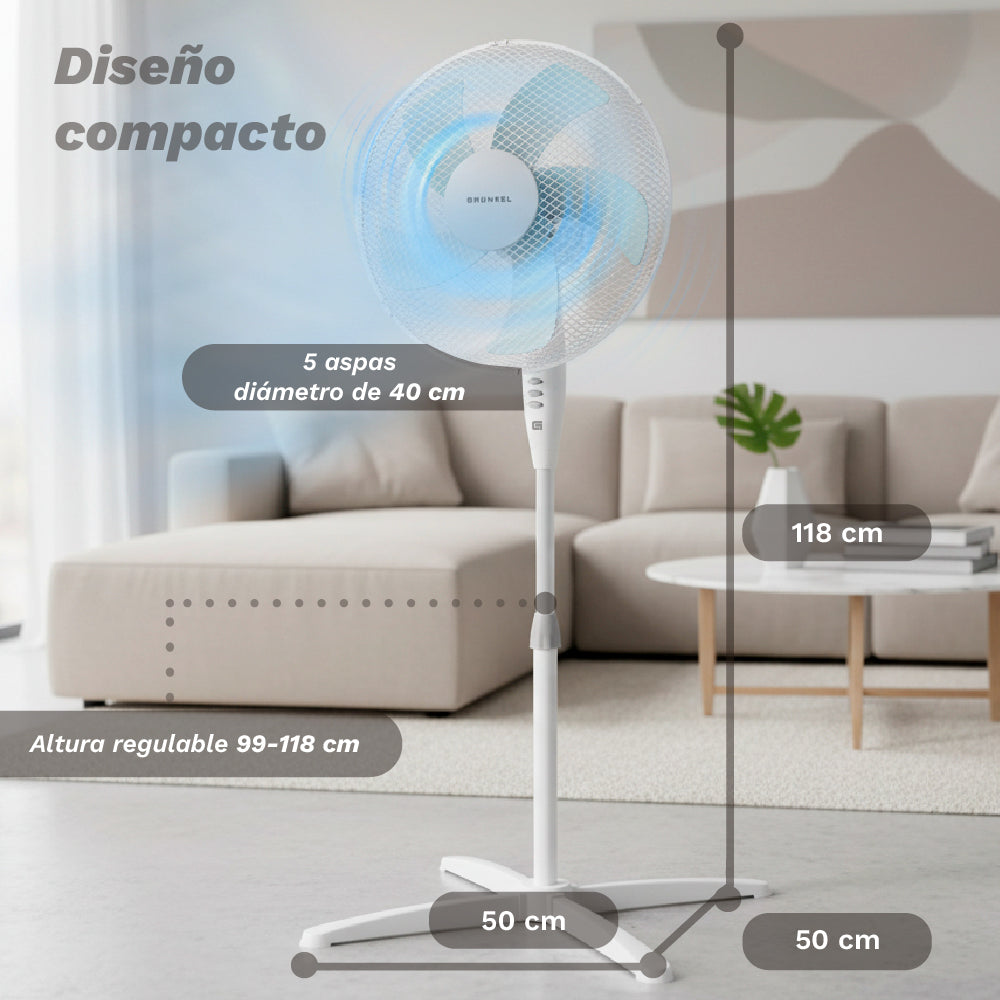 Ventilador de Pie FAN-165X Blanco 50W con Base en X - Ventilador Oscilante de Altura Ajustable para el Hogar